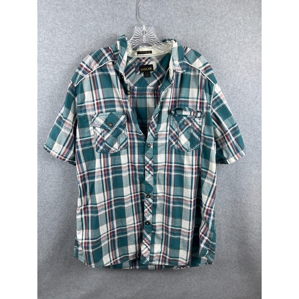 Helix Shirt Men's XXL Green Plaid Short‎ Sleeve Button Up Athletic Fit Preppy